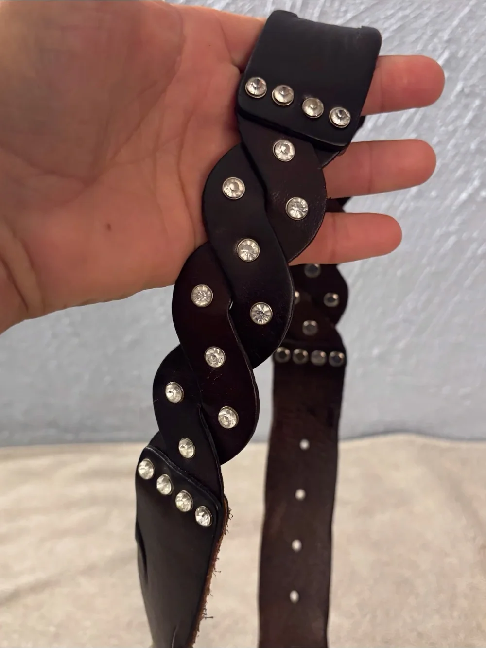 Daytrip Dark Brown Leather Braided Belt with Rhinestone Buckle SZ 34 NWT Boho